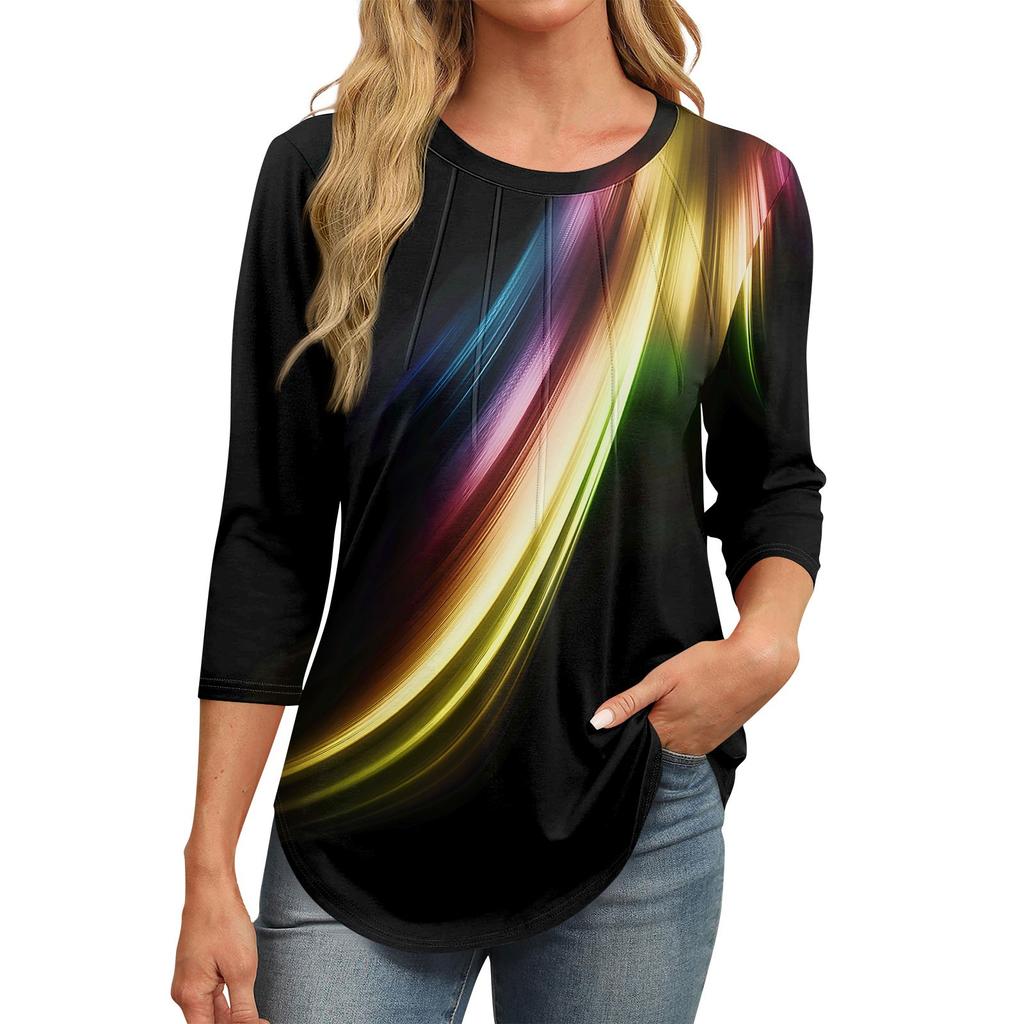 Модная футболка с круглым вырезом, рукавом 3/4, принтом, повседневная базовая плиссированная футболка-пуловер