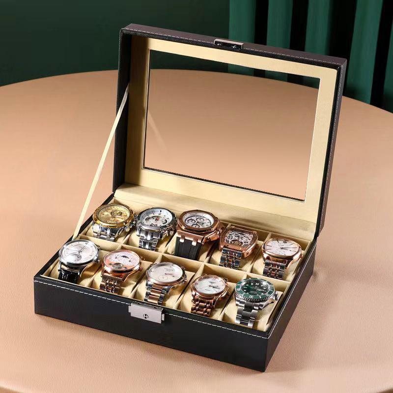 Элегантная коробка для часов с 10 слотами, витрина, стеклянный органайзер из искусственной кожи для хранения для мужчин и женщин, шкатулка для ювелирных изделий