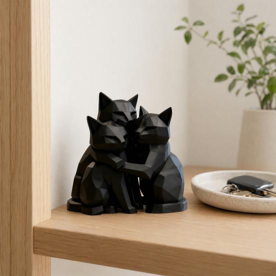jijijing 3D Printed Black Cat Figurine, Three Hugging Geometric Statue, Modern Animal Shape Sculpture for Home Office Bookshelf
