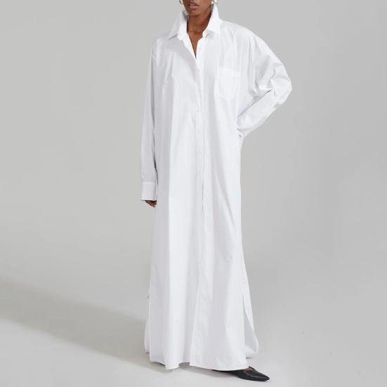 Женское платье-рубашка с лацканами, длинным рукавом, боковым разрезом, повседневная рубашка, однотонное платье макси с застежкой на пуговицы, повседневная одежда