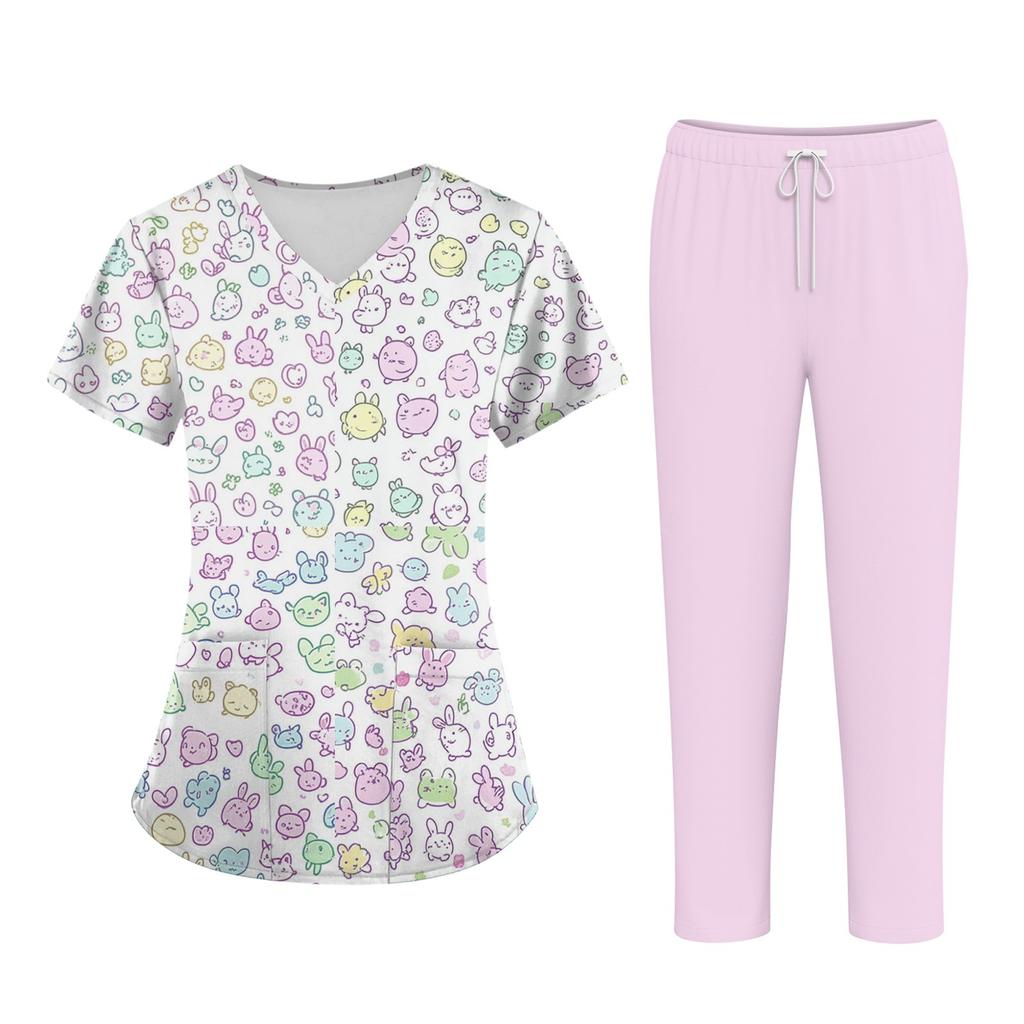 Плюс размерСкраб с принтом Рабочая форма Топы для женщин Крест V-образным вырезом Хэллоуин Принт с короткими рукавами Забавные футболки Спецодежда Футболка с карманами