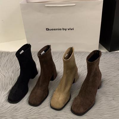 Женские ботильоны на высоком каблуке с квадратным носком, облегающие, 2024 осень-зима, флис, корейские ботильоны до щиколотки, ботинки Мартин