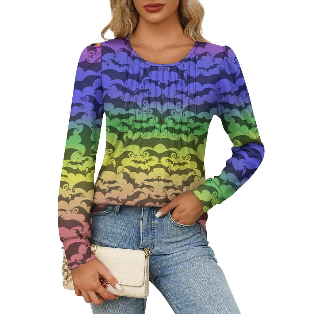 Long Sleeve Shirts For Women Cute Print Graphic Tees Blouses Dressy Casual Blouses Pleated Scooped Neck Tunic Tops Halloween