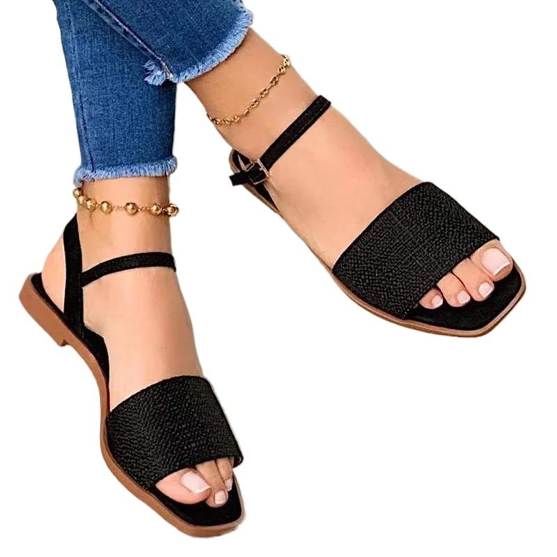 Мода 2024 Высококачественная обувь для женщин Летние женские сандалии Однотонные на низком каблуке с пряжкой One Word Открытый носок Пляжные сандалии для женщин