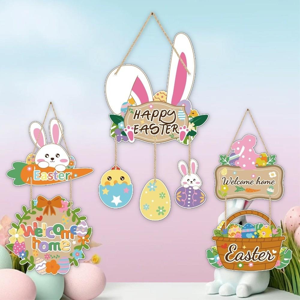 Cartoon Easter Welcome Sign Paper Bunny Egg Decor Easter Hanging Ornament Party Decoration