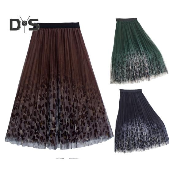 Женская юбка миди, эластичная юбка А-силуэта с высокой талией, сетчатая пряжа с леопардовым принтом, осенне-зимняя юбка, свободная плиссированная юбка
