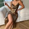 Women’s Leopard Print Sling Nightgown Summer Sexy Backless Hem Split Breathable Soft Pajamas for Female Stylish Lightweight Comfortable Sleep Dress