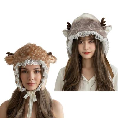 Косплей Шляпа-Олень с Меховыми Ушками Мультяшная Шляпа с Ушками Кружевной Козырек Зимняя Плюшевая Шляпа для Повседневной Носки
