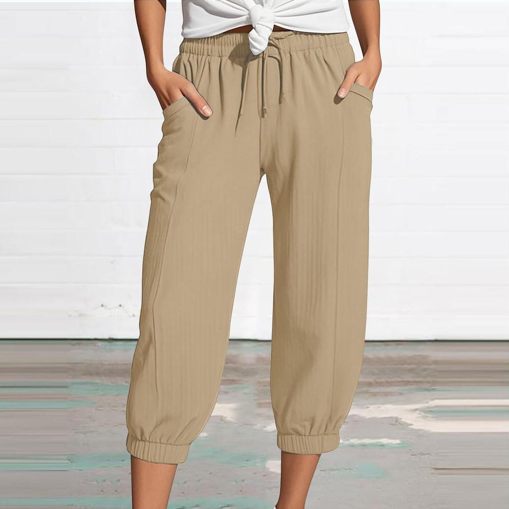 Women's Summer 3/4 Trousers Summer Trousers With Pockets Causal Loose Trousers Fabric Trousers Sport Leisure Beach Trousers