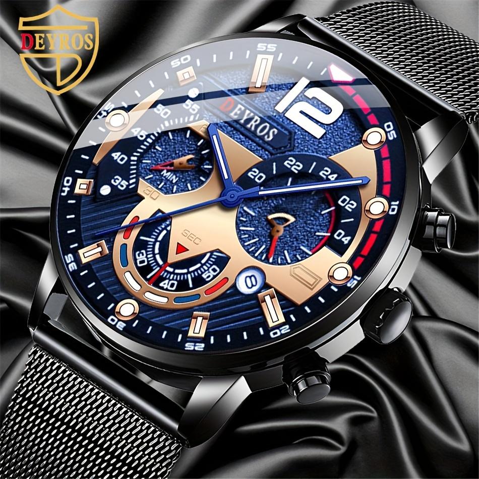 DEYROS Мужские часы с календарем, модные деловые кварцевые часы с сетчатым ремешком, мужские часы