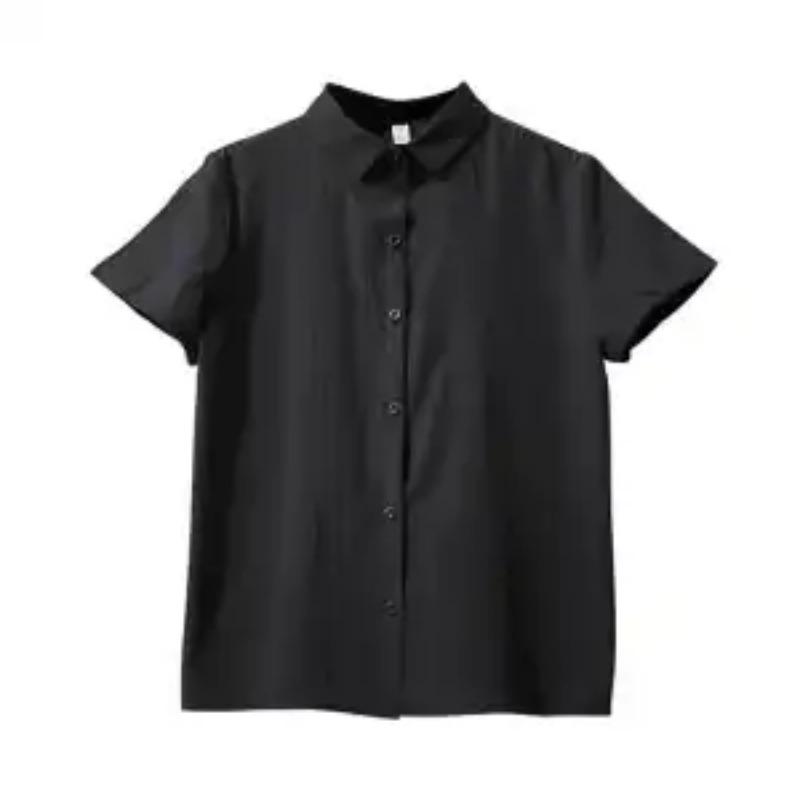Women Point Collar Full Button Short Sleeve Solid Linen Casual Blouse