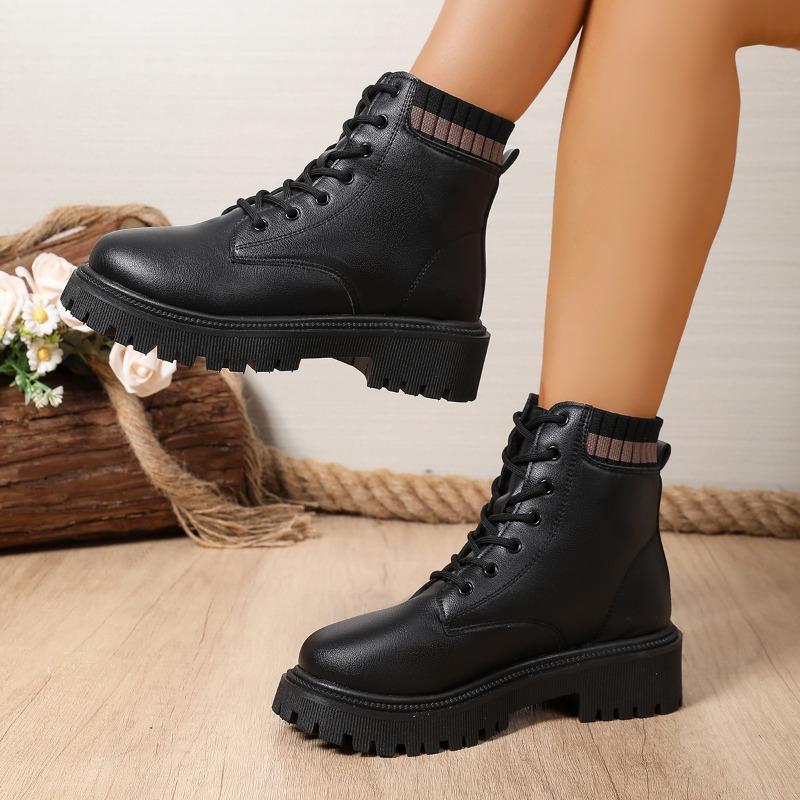 Полусапожки до бедра Осень Новые Круглый носок Передняя шнуровка Платформа Нескользящие Износостойкие Ботильоны на блочном каблуке