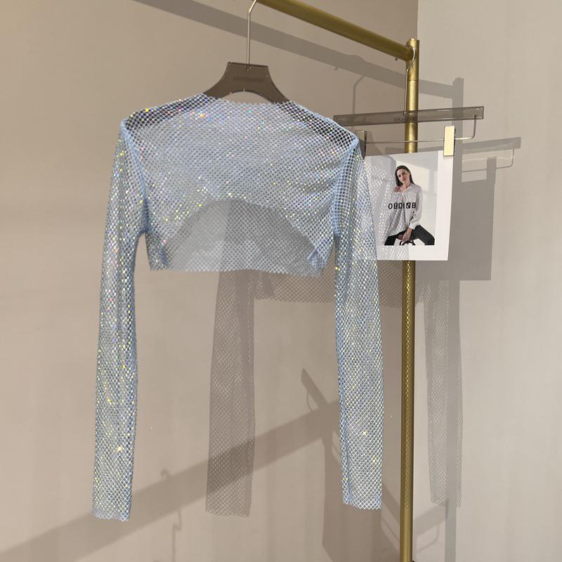 Блестящий сетчатый ромбовидный солнцезащитный топ с длинными рукавами для вечеринки