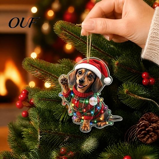 Small Dog Themed Christmas Decor Dachshund Ornaments, 2D Flat Acrylic Xmas Tree for Lovers Hanging Decoration Car Rearview Mirror, Holiday Home Party