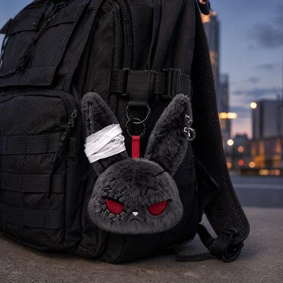 Plush Doll with Metal Hanging Loop, Dark Style Rabbit Pendant Plush Toy, Funny Expression Plush Doll, Stress Relief Collectible Toy