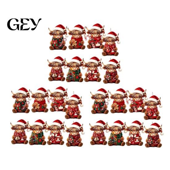 Cute Farm Animal Holiday Decor Highland Cow Christmas Ornament Set, 2D Flat Wooden Theme Gifts Hanging with String, Tree Party Decoration Creative Set