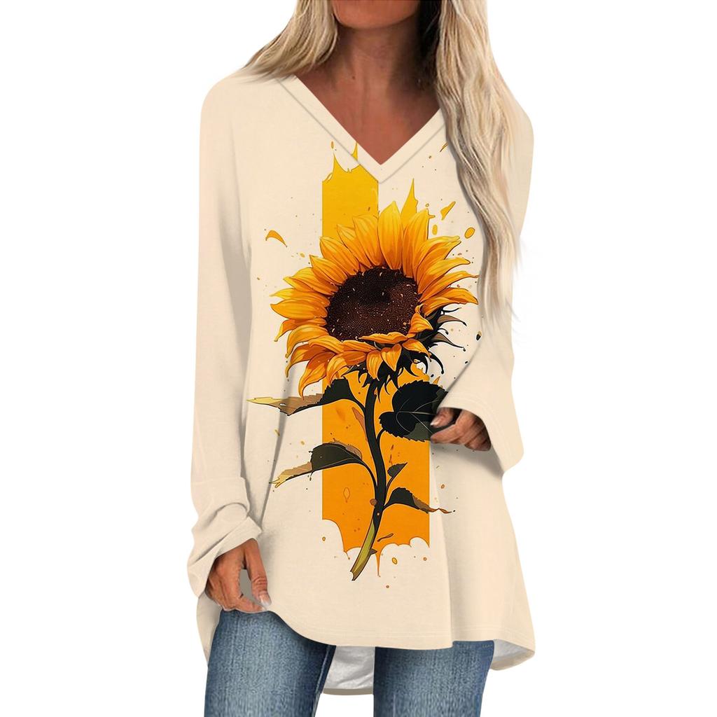 Женская и зимняя футболка с длинными рукавами и V-образным вырезом с принтом, повседневная, длинная, свободная