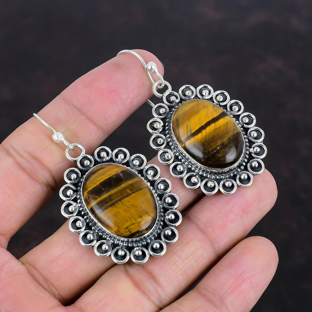 Серьги из тигрового глаза, 925 пробы, серьги ручной работы, ювелирные изделия из натуральных драгоценных камней, дизайнерские серьги, подарок жене, ювелирные изделия из камня по рождению