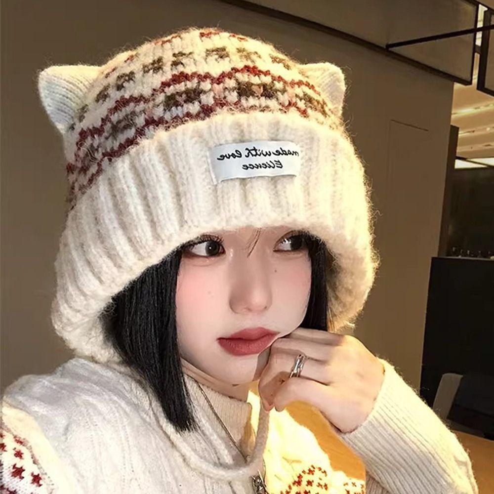 Cat Ear Strap Beanie Hat Windproof Winter Pullover Hat Casual Knitted Woolen Cap for Women Girls