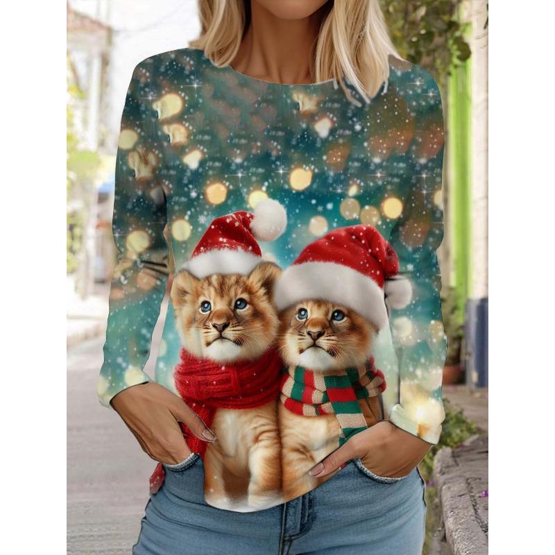 Модная рождественская женская футболка с длинным рукавом Повседневная рождественская Милая кошка и собака Праздничные подарки Топы Harajuku Animal Женская одежда