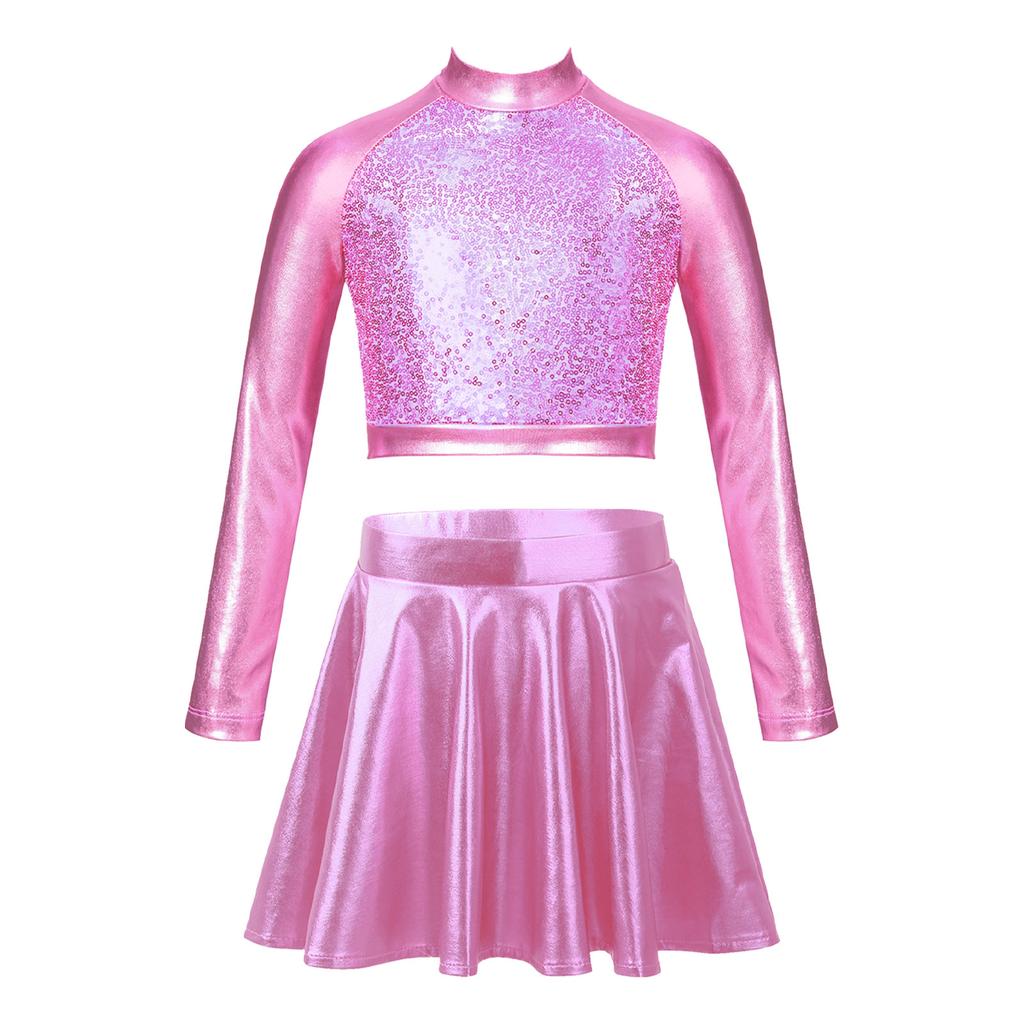 Girls Glossy Metallic Dance Set Long Sleeve Sequin Crop Top and Short Skirt Figure Skating Costume