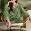 Women Pajamas Set Large Collar Green Cardigan Home Wear Two-Piece Long-Sleeved Outside Ladies Ice Silk Sleepwear Spring Autumn