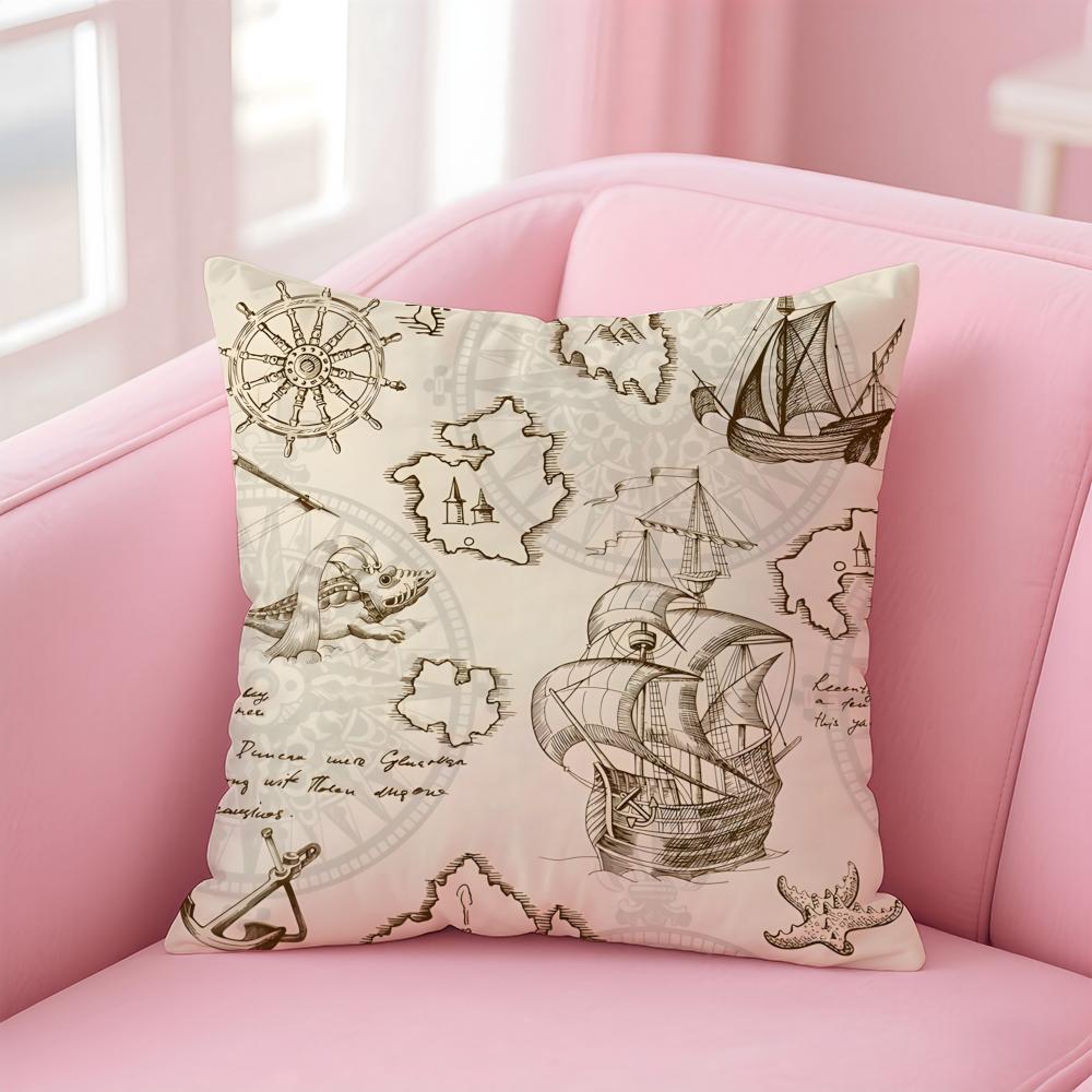 Ocean Blue Compass with Anchor Cushion Cover Pillow Case Soft Skin Friendly Fabric Concealed Zipper