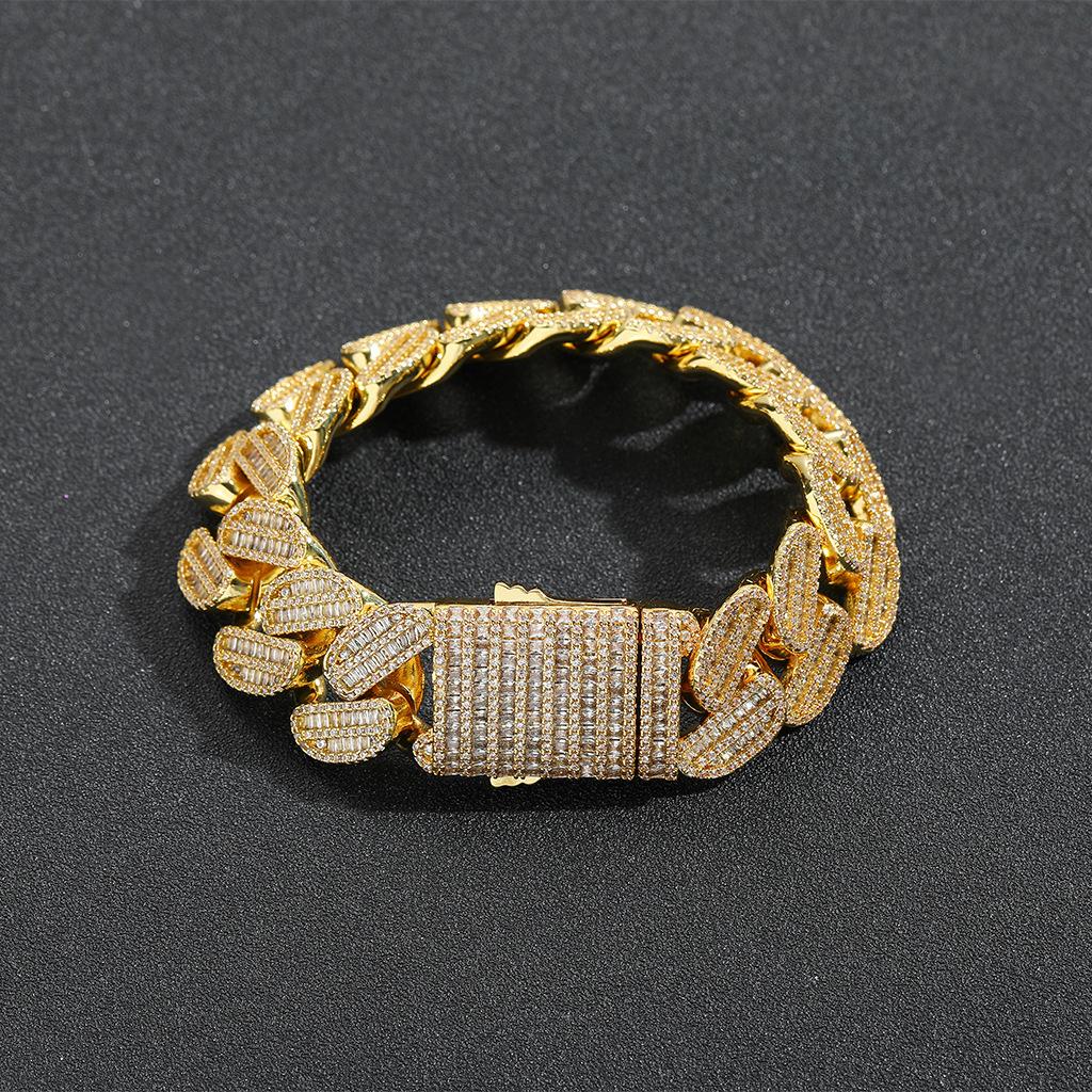 20mm Brass Spring Buckle Ladder Square Zircon Cuban Chain European and American Hip Hop Unisex Anniversary Street Bracelet