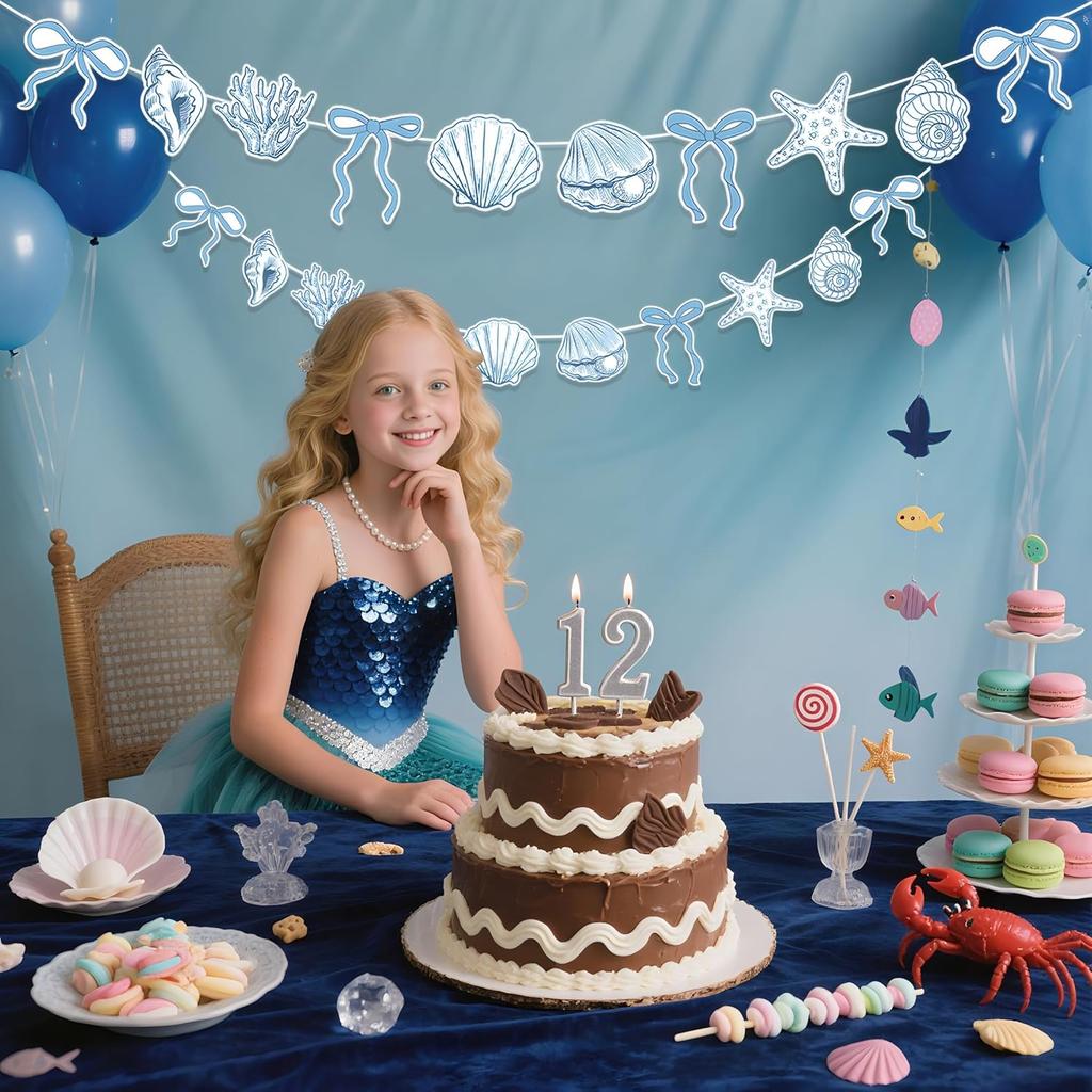 2 Pack Blue Bow Starfish and Seashell Garland 14.76 ft Summer Banner for Mermaid Birthday Wedding Bachelorette Baby Shower Ocean Coastal Nautical