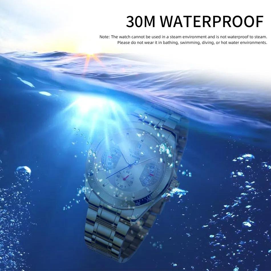 WINNER Спортивные золотые автоматические часы для мужчин, отображение даты, люминесцентные стрелки, ремешок из нержавеющей стали, роскошные механические часы высшего бренда