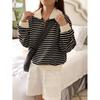 Контрастный полосатый свитер женский весенний свободный с длинным рукавом, базовая рубашка большого размера на молнии с лацканами