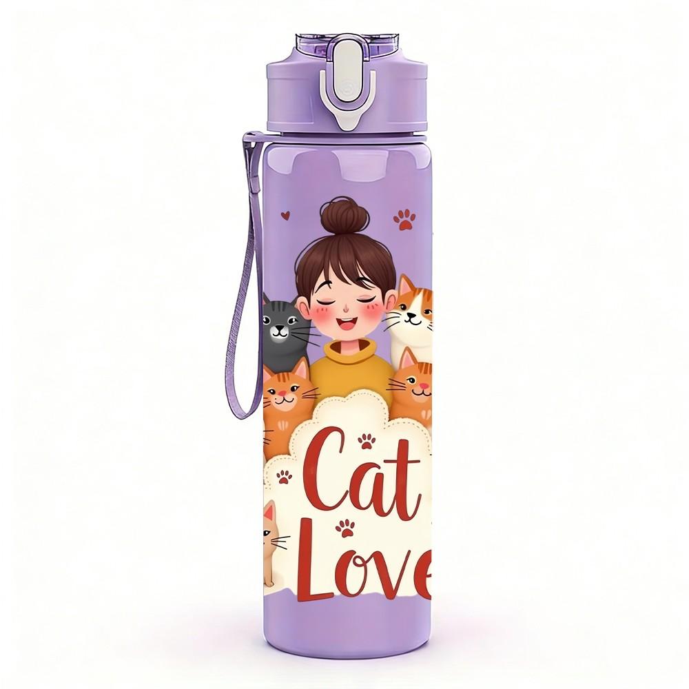 1PC Cat Lover Girl Pet Character Print 750ml Color Plastic Sports Water Bottle Leakproof Flip Straw Lid Suitable for Sports Office Home Use