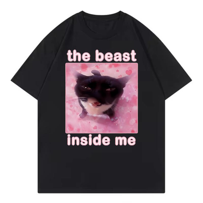 The Beast Inside Me Cat Funny T Shirts Unisex Cat Tshirt Round Neck Short Sleeve Trendy Tee Shirt Streetwear Vintage T Shirt