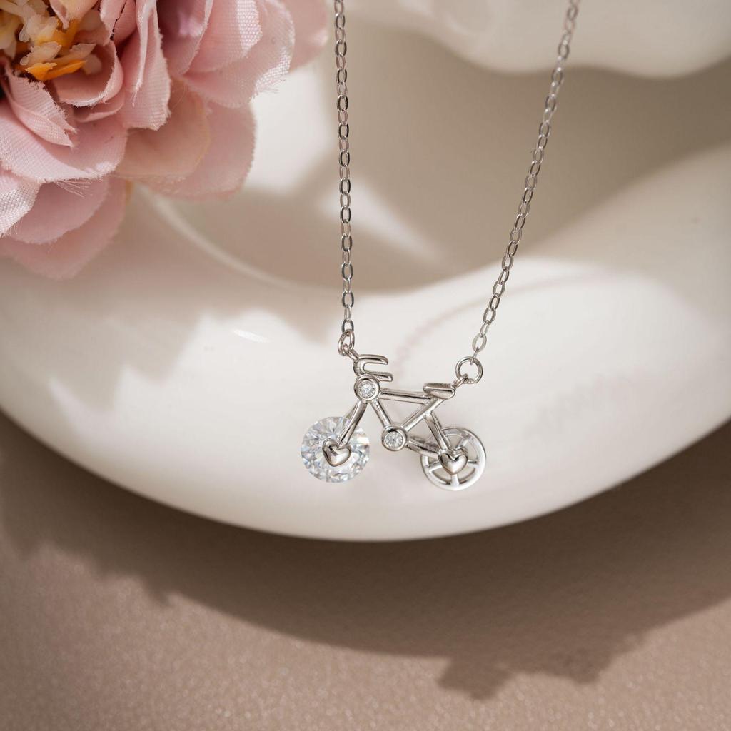Lively Bicycle S925 Sterling Silver Necklace: Exquisite, Cute, Light Luxury with Bling Zircon Clavicle Chain for Women