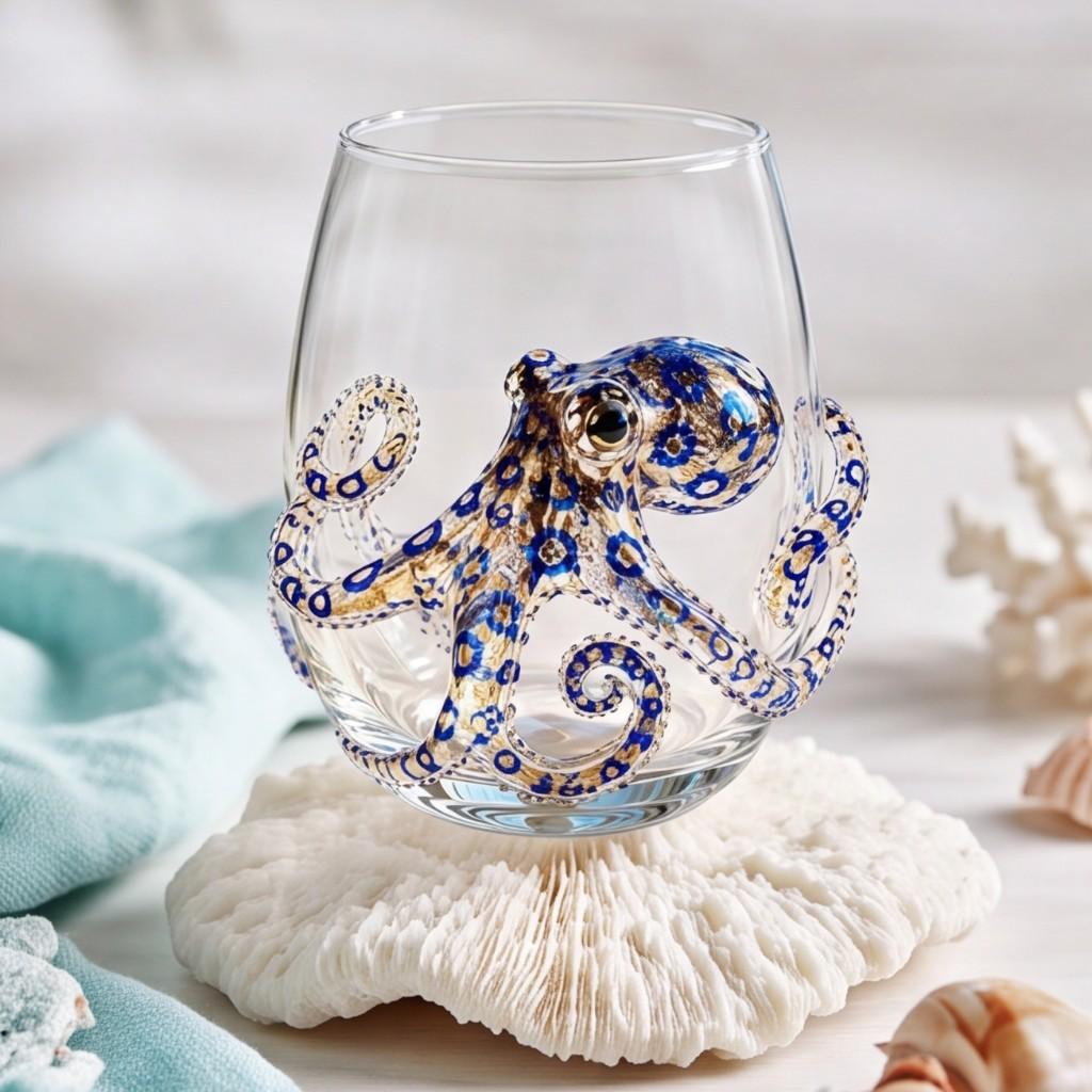 Handmade blue ring turtle art glass wine glass marine life 3D three-dimensional bar cup coastal style home decoration ornament gift