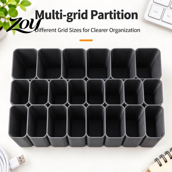 Cable Storage Box Organizer Box, Multi?Compartment Desk Tray for USB Cables Chargers Earbuds Clear Desktop SD Cards, Open Grid Accessory Holder