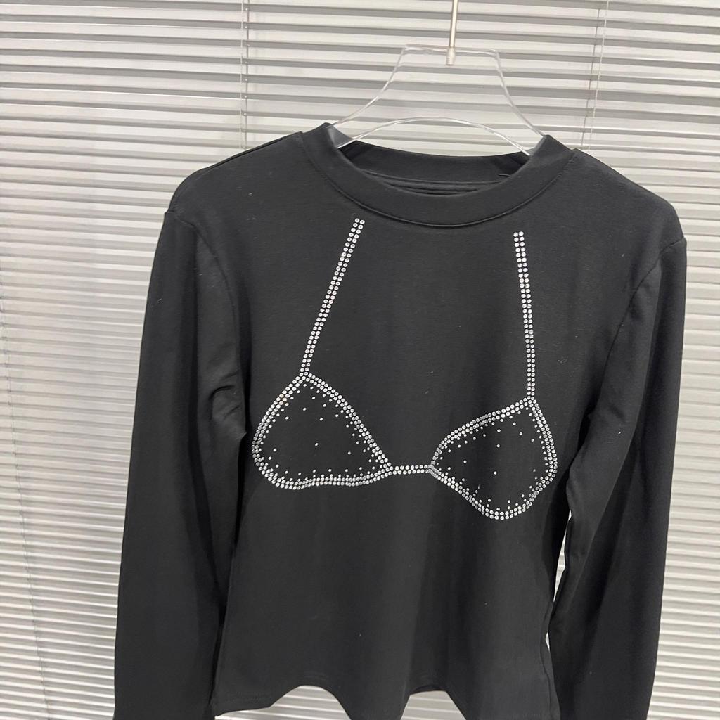 2025 Women's Black Rhinestone Round Neck Slimming T-shirt, Autumn/Winter Collection