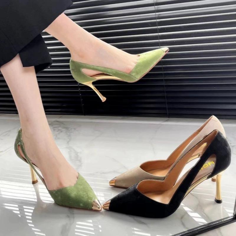 Женские сандалии Летние Новые Высокие каблуки Острый носок Вышитые Тонкий ремешок Сумка на голову Сандалии Повседневная Мода Темперамент Каблук Сандалии