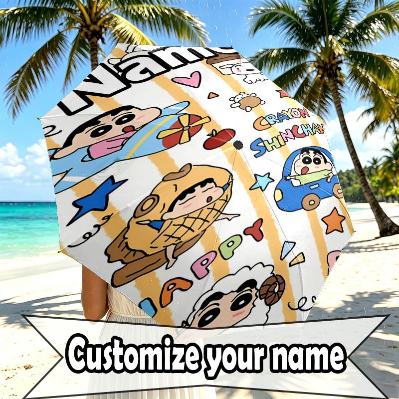 Custom Name Personalized Crayon Shin Print Umbrella, Auto Open Close, 8‑Rib Sturdy Frame, Commute Camping Hiking Use, Birthday Gift