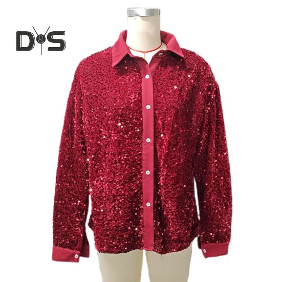 Women Sparkling Shirt Lapel Long Sleeve Single Breasted Shirt Tops Shiny Sequins Embellished Party Stage Blouse