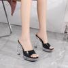 Fashion New 12CM Sexy Car Model Fashion Transparent Nightclub Crystal Square Head Non-slip Sandals High-heeled Slipper