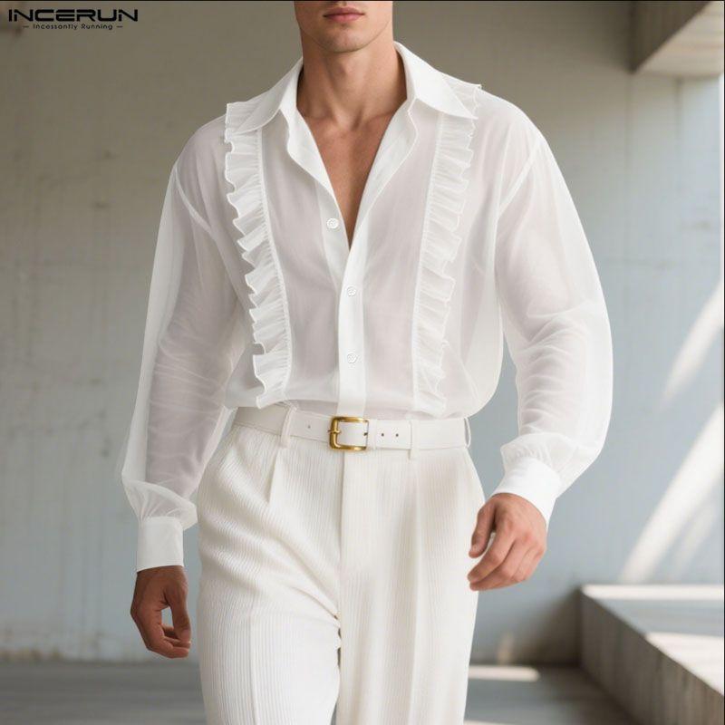 INCERUN Мужские рубашки оверсайз с лацканами, длинными рукавами, рюшами, прозрачные, для вечеринок, клубов, свободного кроя