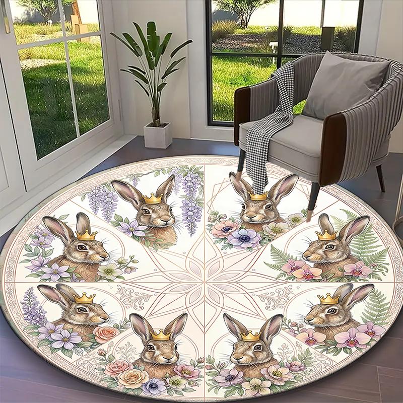 1pc Cream Floral Rabbits Rug, Digital Printed Home Chair Sofa Mat, Durable Office Round Carpet, Beautiful Festival Decorations