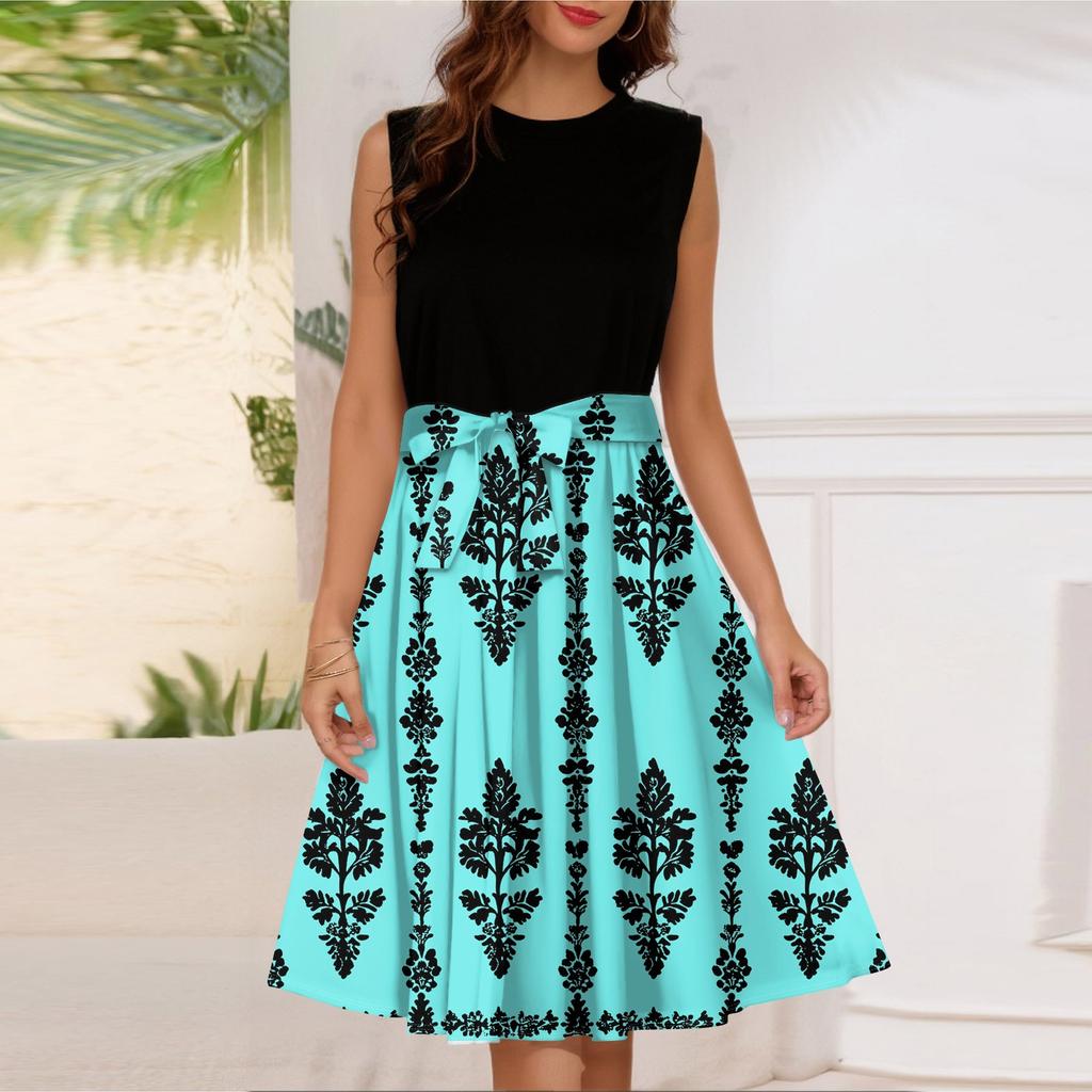 Женское модное повседневное короткое платье без рукавов со шнуровкой и круглым вырезом