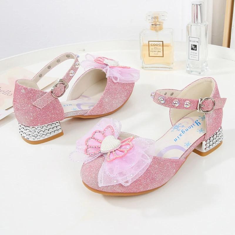 2024 Children High Heels Sandals Summer Girls Causal Wedding Party Princess Shoes Fashion Sequins Lace Bowtie Kids Dress Sandals