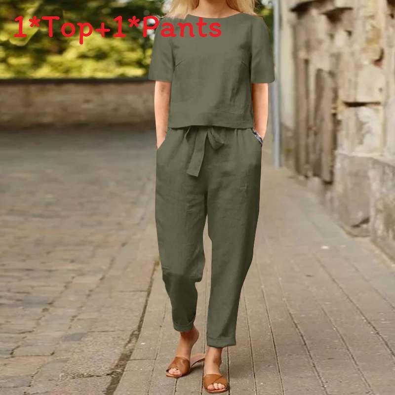 Summer Women Casual Linen Cotton Set With Short Sleeve Oneck Top And Wide Leg Pants For Comfortable Office Wear