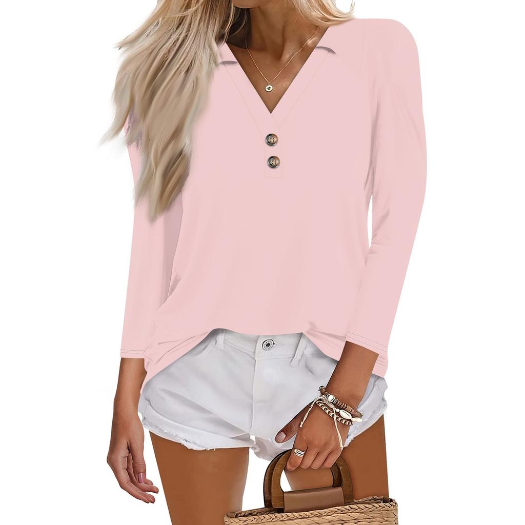 Женская летняя модная повседневная однотонная рубашка с v-образным вырезом и воротником на пуговицах с семиточечным принтом, топ