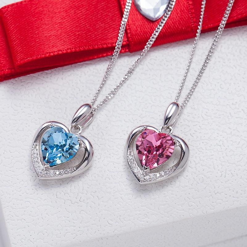 European Korean Style 925 Sterling Silver Heart Necklace Women Purple Blue Zircon Heart‑shaped Pendant