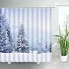 Зимний горнолыжный набор занавески для душа, Современная горнолыжная станция Снежная гора Сосновый лес Занавески для ванны, Синий Рождественский декор для ванной