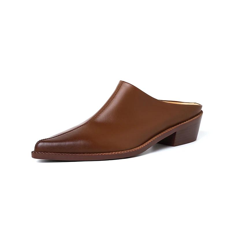 2024 Новые женские мюли из натуральной кожи, модные летние тапочки на высоком толстом каблуке, женские повседневные офисные черные коричневые туфли для женщин